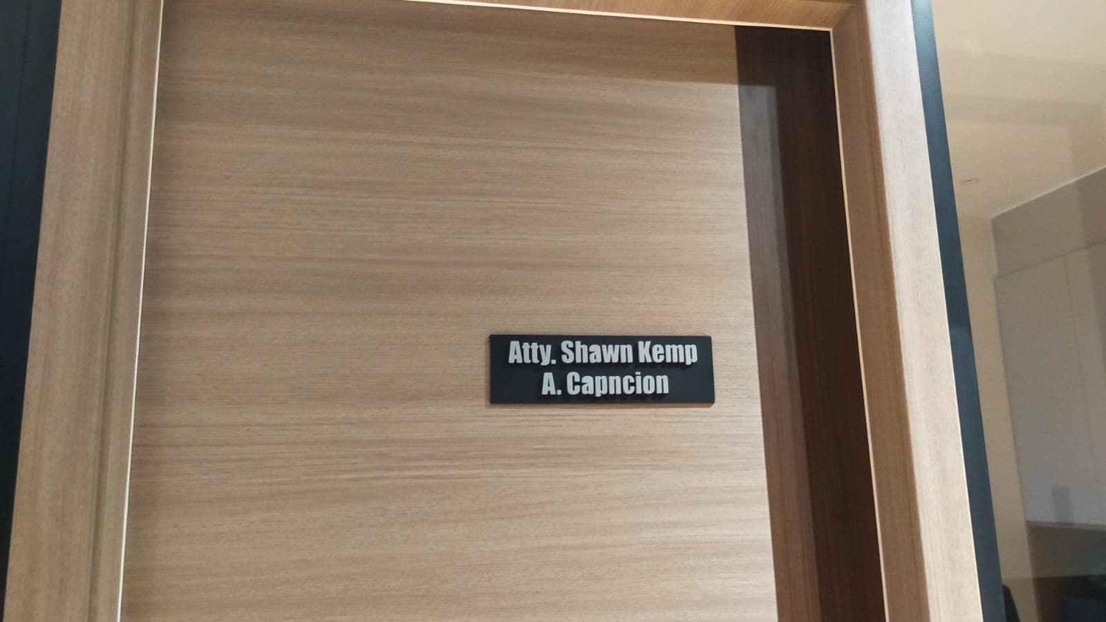 Acrylic door nameplate for Atty. Shawn Kemp