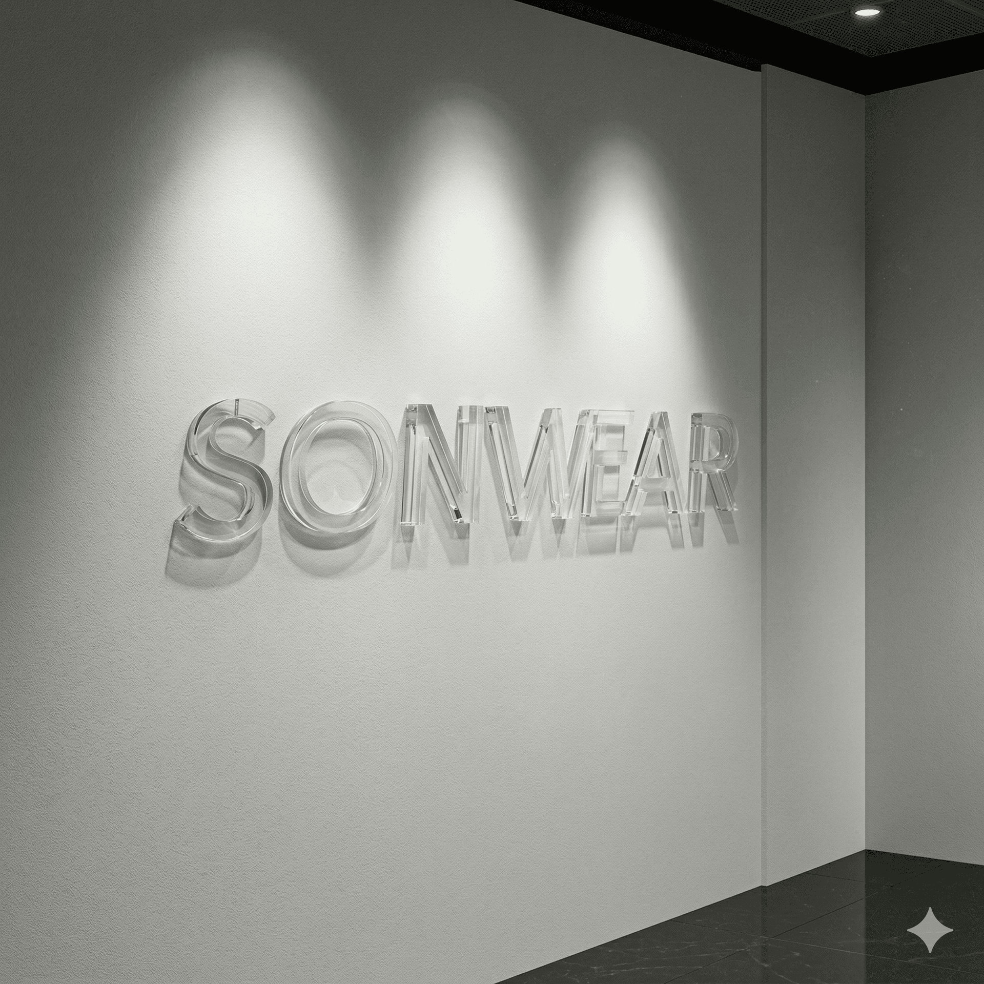 Modern office interior featuring a polished clear acrylic company logo mounted on a minimalist white wall